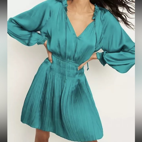 Anthropologie Dresses & Skirts - Current Air Anthropologie Pleated Tiered Drop Waist Satin Mini Dress XL Teal